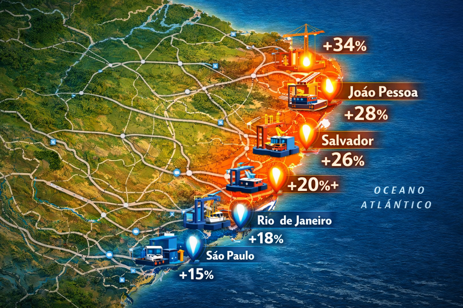 Detailed landscape format (1536x1024) illustrated map of Brazil highlighting top infrastructure hotspots with glowing markers on Salvador, J