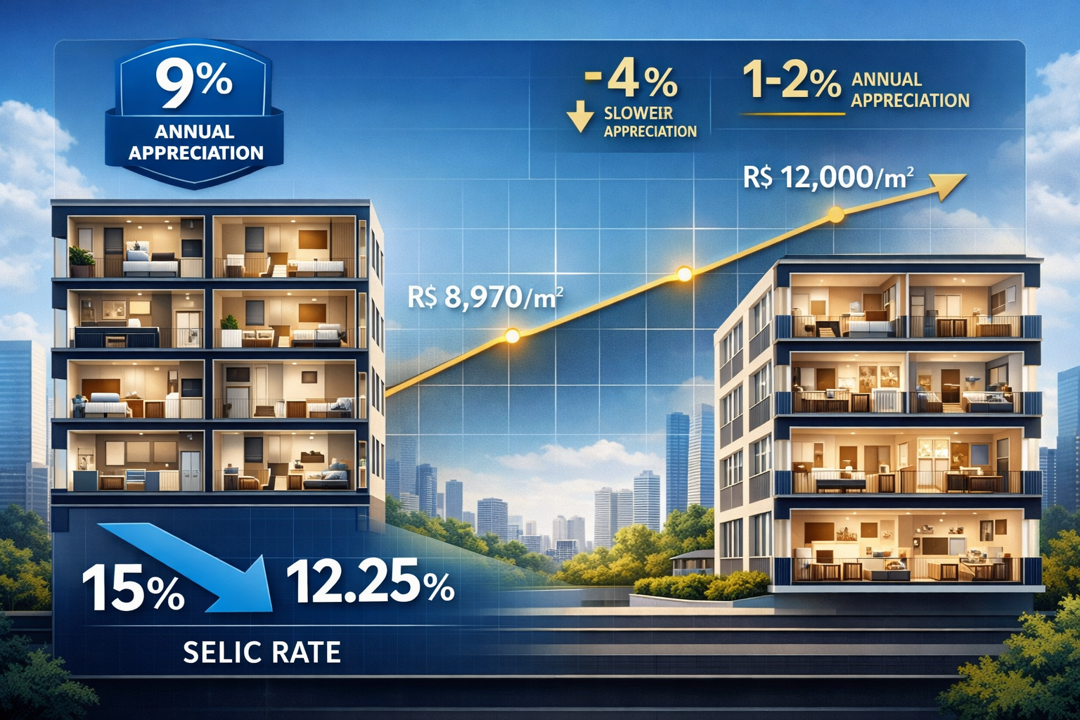 Detailed landscape format (1536x1024) comparison visualization showing two apartment building cross-sections side by side: small studio apar