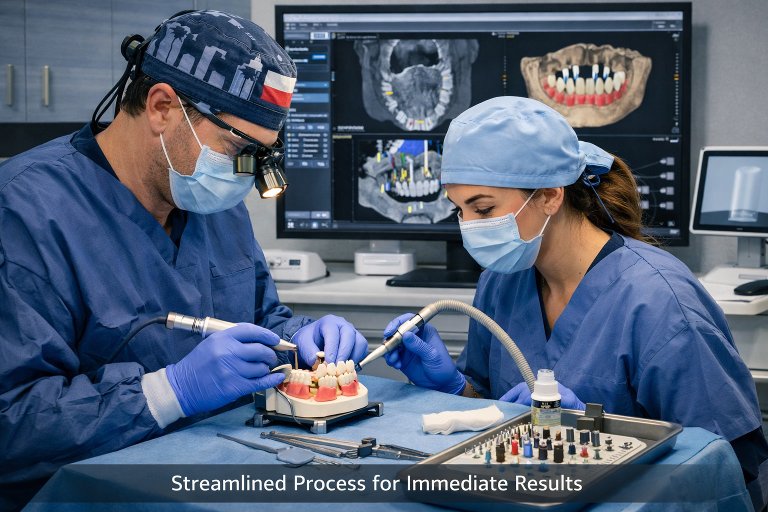 Detailed () image focusing on the 'procedure' aspect of same-day dental implants. It shows a highly sterile, highlighting