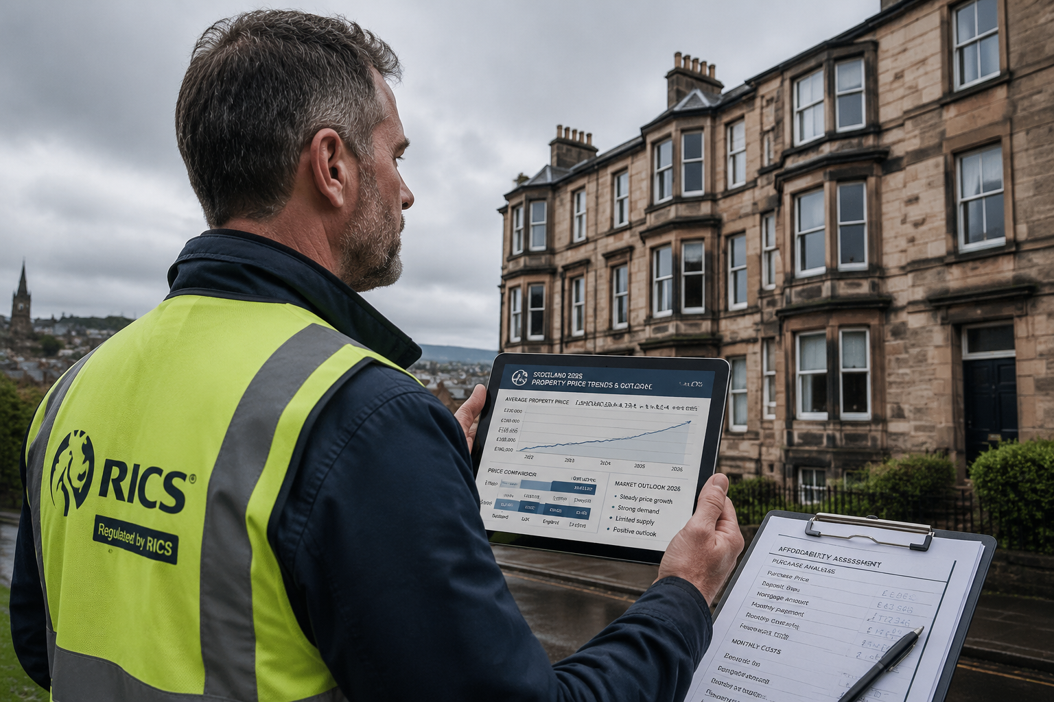 Wide-angle editorial photograph of a RICS-accredited surveyor in a high-visibility vest holding a digital tablet displaying