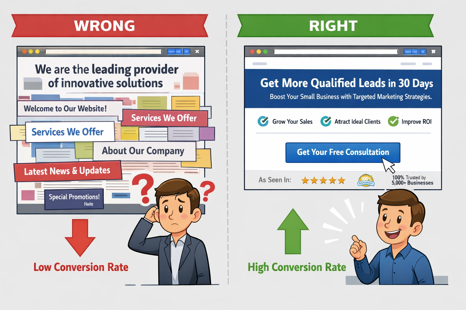 Landscape format (1536x1024) illustration showing side-by-side comparison of two website homepage mockups. Left side labeled 'WRONG' shows c