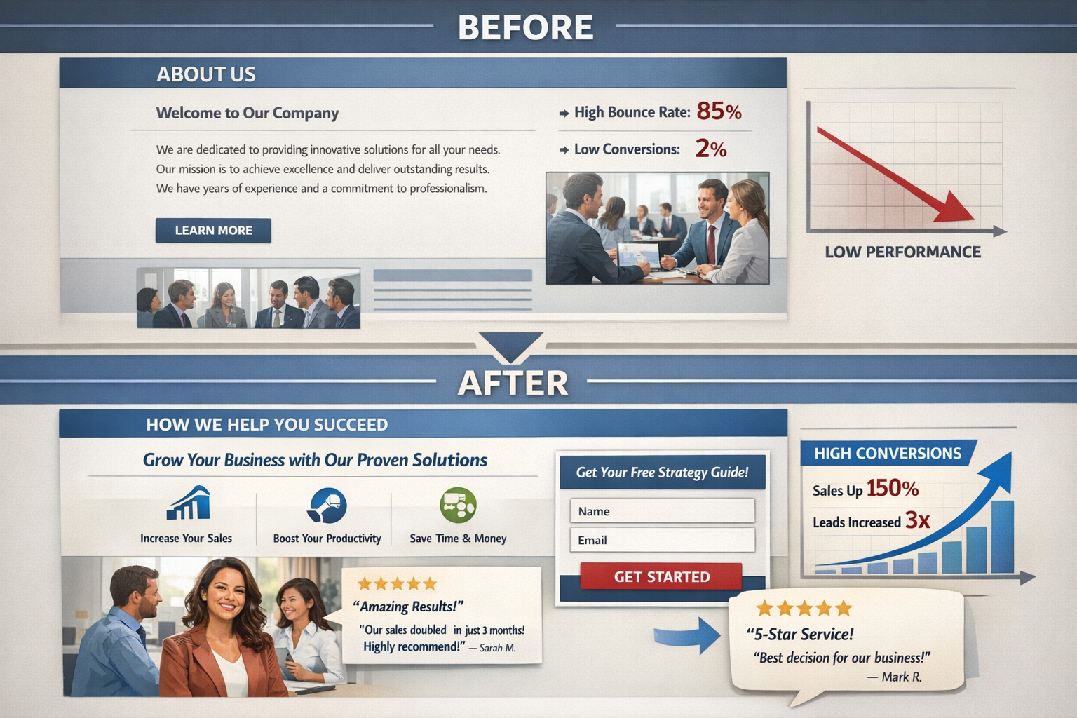 Landscape format (1536x1024) before-and-after transformation visual showing small business website messaging evolution. Top section shows ol