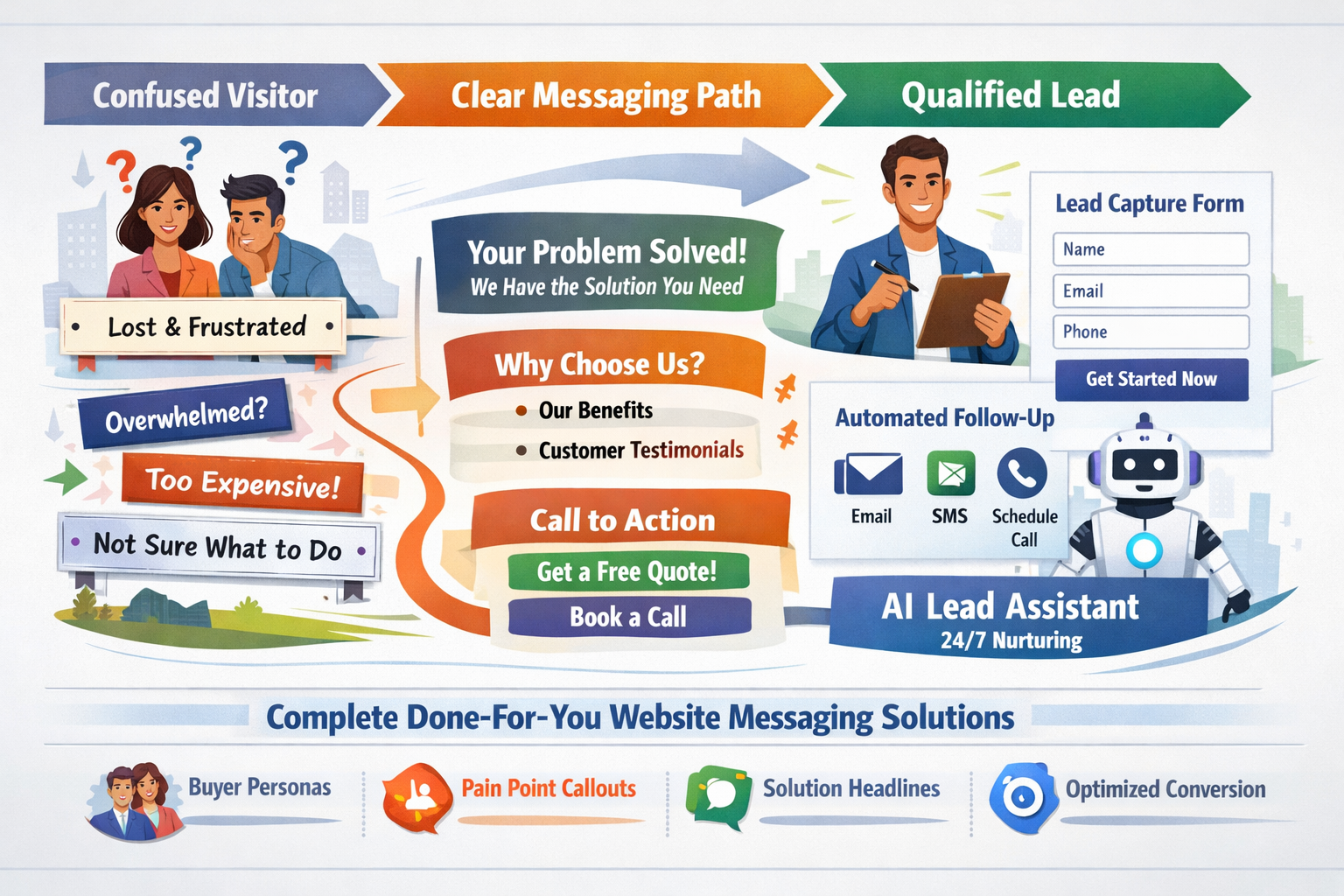 Landscape format (1536x1024) conceptual illustration showing the customer journey through effective website messaging. Visual pathway from c