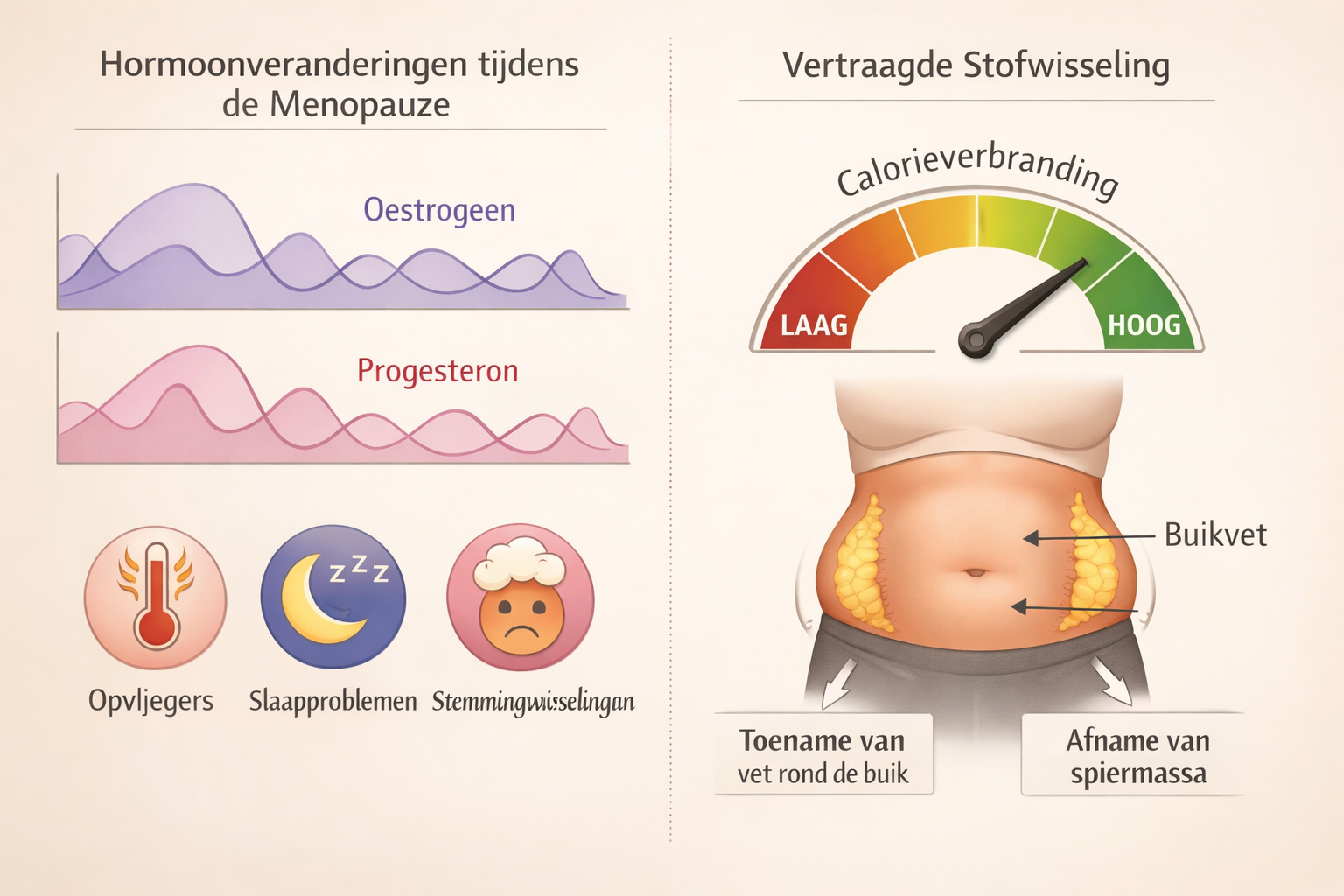Landscape format (1536x1024) editorial image showing split-screen comparison: left side displays fluctuating hormone levels during menopause