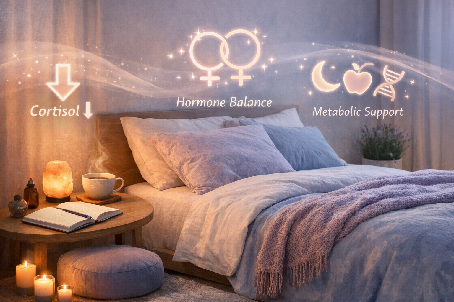 Landscape format (1536x1024) serene bedroom scene emphasizing sleep quality and stress management during menopause: comfortable bed with sof