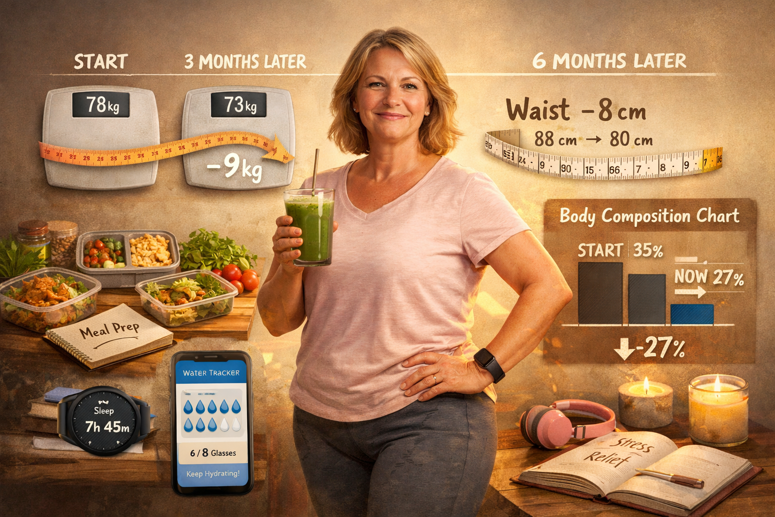 Landscape format (1536x1024) inspiring transformation concept image: mature woman in her 50s standing confidently in comfortable clothing, h