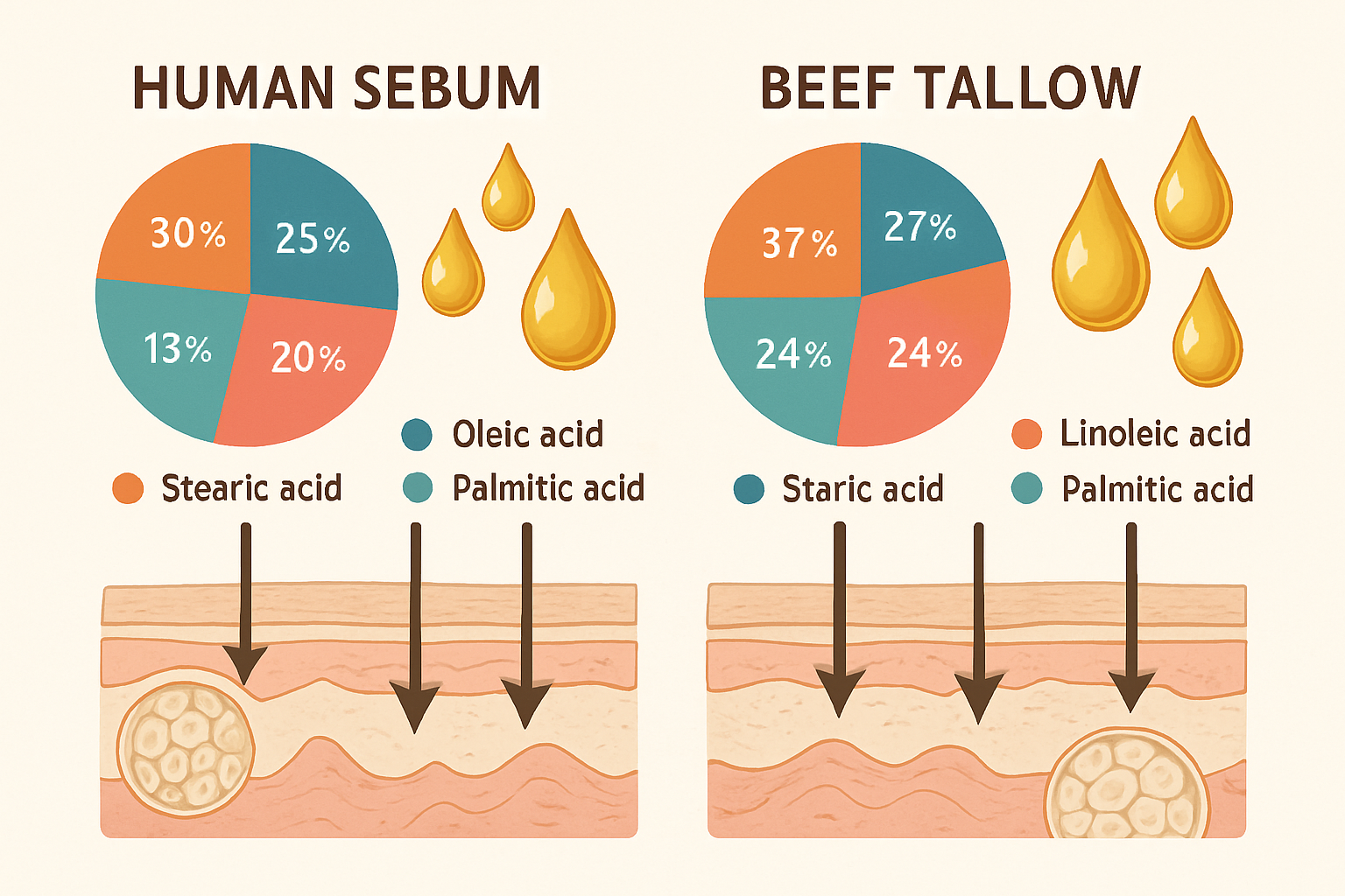 Detailed landscape editorial photograph (1536x1024) showing molecular structure comparison infographic between human sebum and beef tallow f