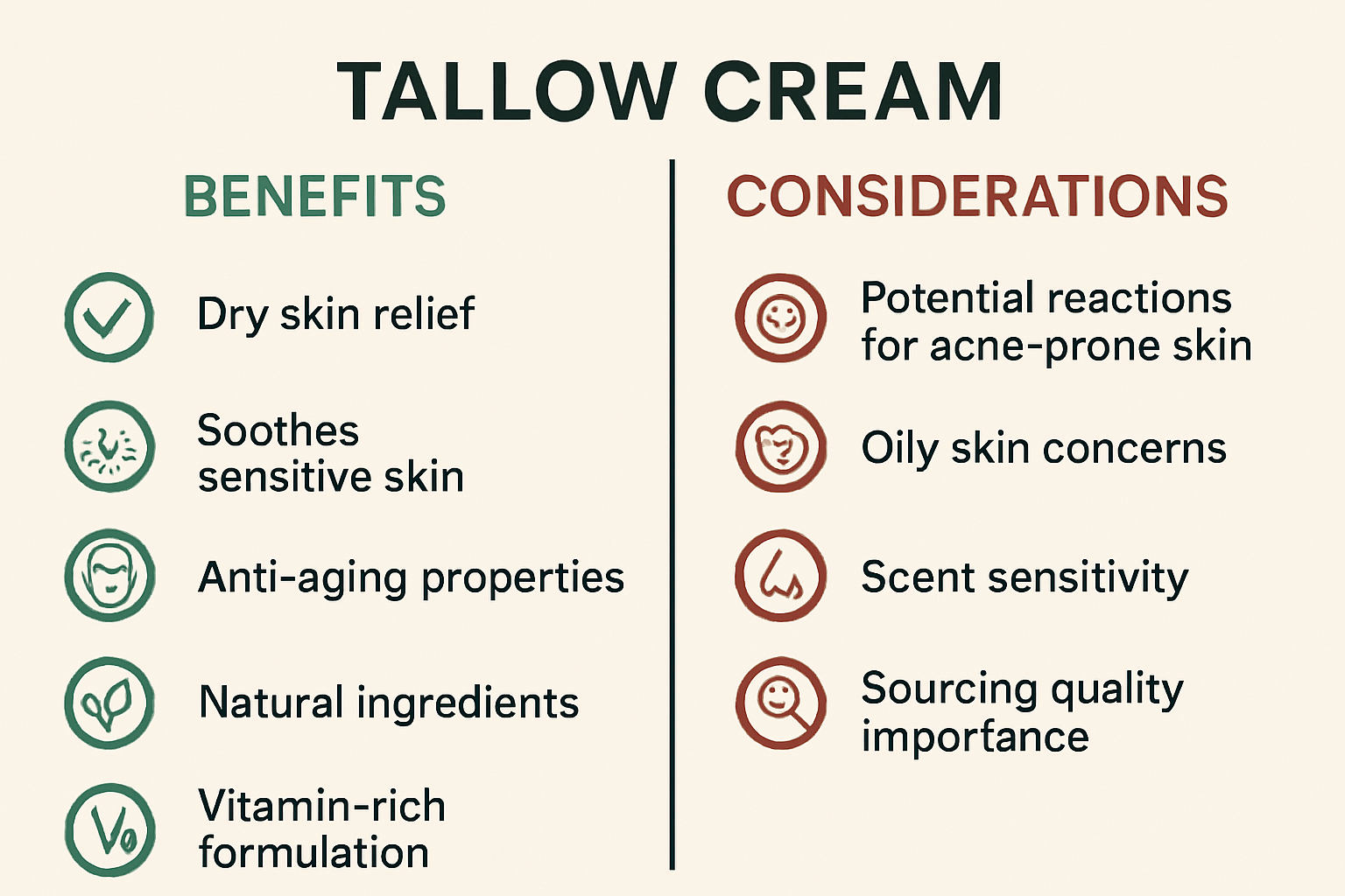 Detailed landscape comparison chart (1536x1024) showing benefits versus considerations of tallow cream usage, split-screen design with green
