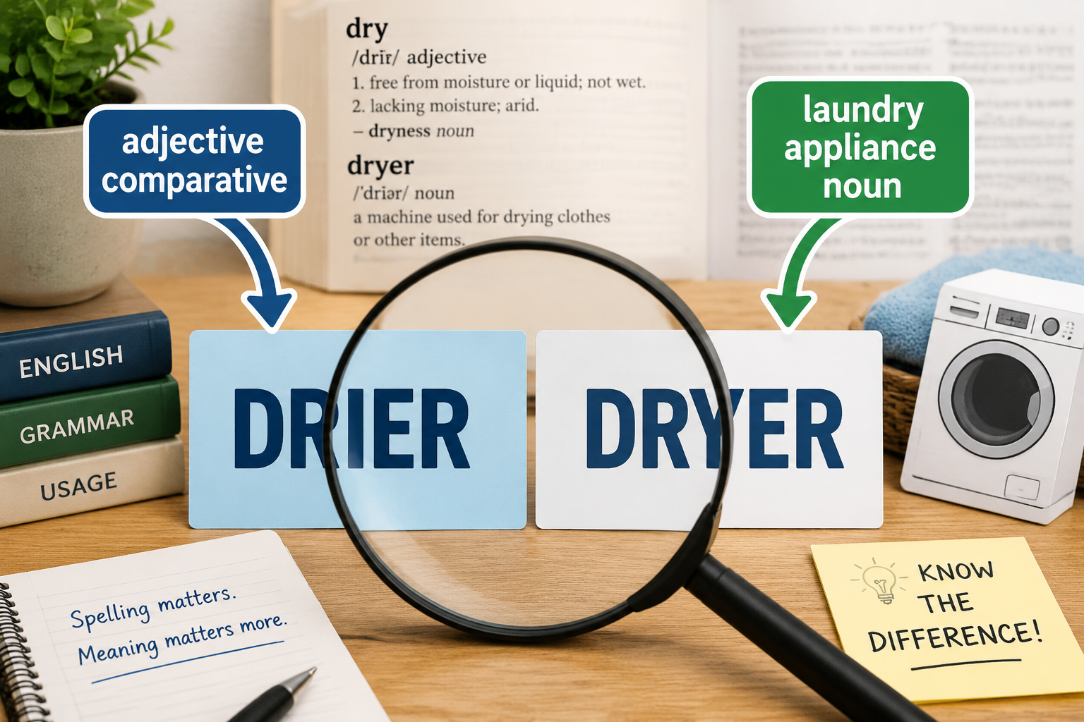 Drier and dryer are two different words with different jobs. "Dryer" is the noun for a machine that dries clothes.