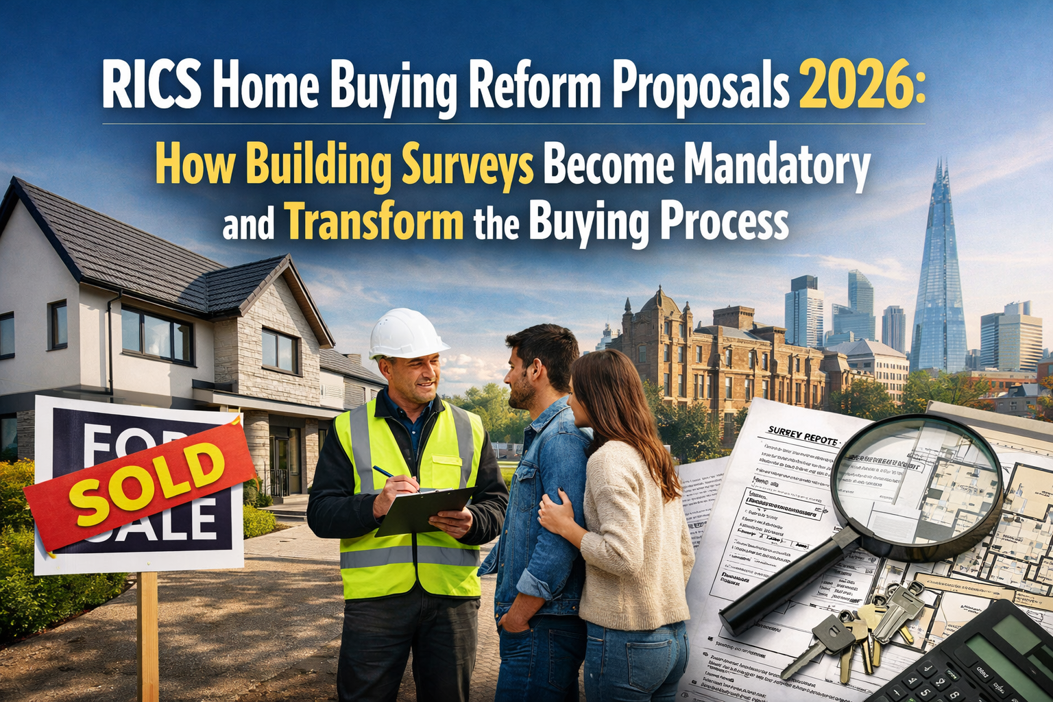 Professional landscape hero image (1536x1024) with bold text overlay: "RICS Home Buying Reform Proposals 2026: How Building Surveys Become M