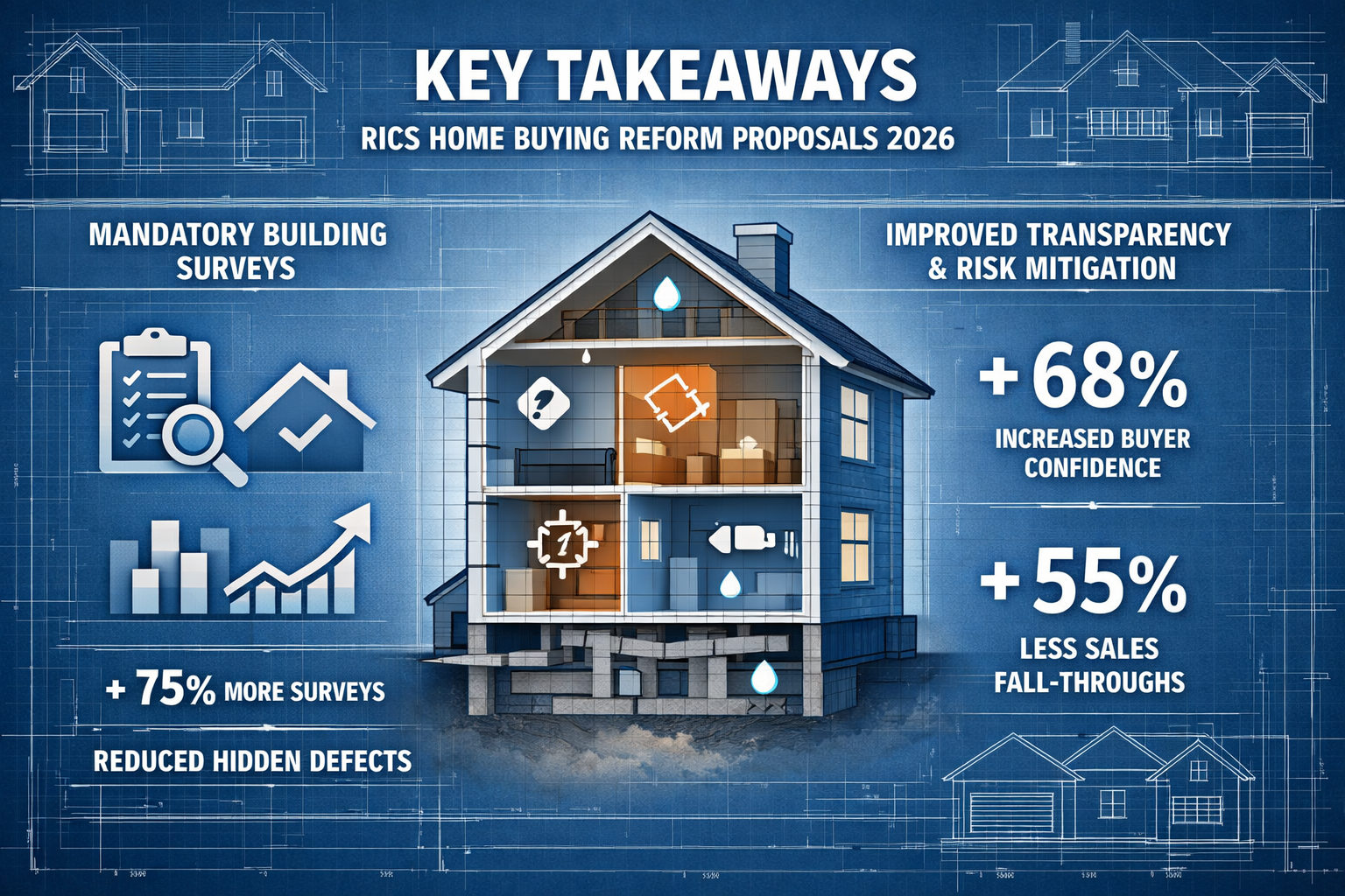 Infographic-style landscape image capturing 'Key Takeaways' for RICS Home Buying Reform Proposals 2026. Split-screen design with architectur