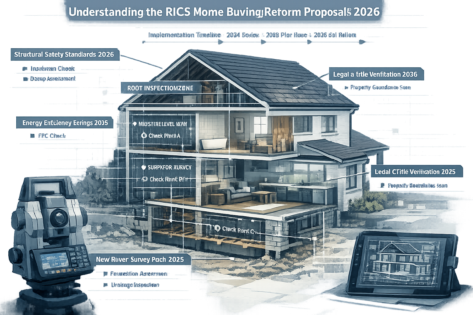 Editorial visualization representing 'Understanding the RICS Home Buying Reform Proposals 2026'. Architectural cutaway diagram of a modern r