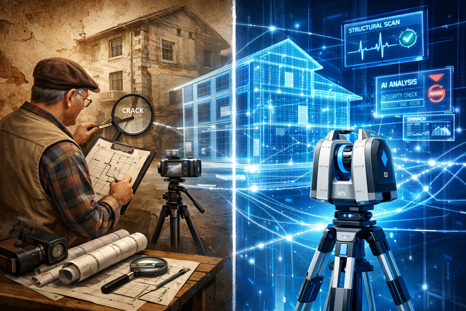 Conceptual landscape image illustrating 'Building Surveys Becoming Mandatory'. Split composition showing traditional versus reformed survey