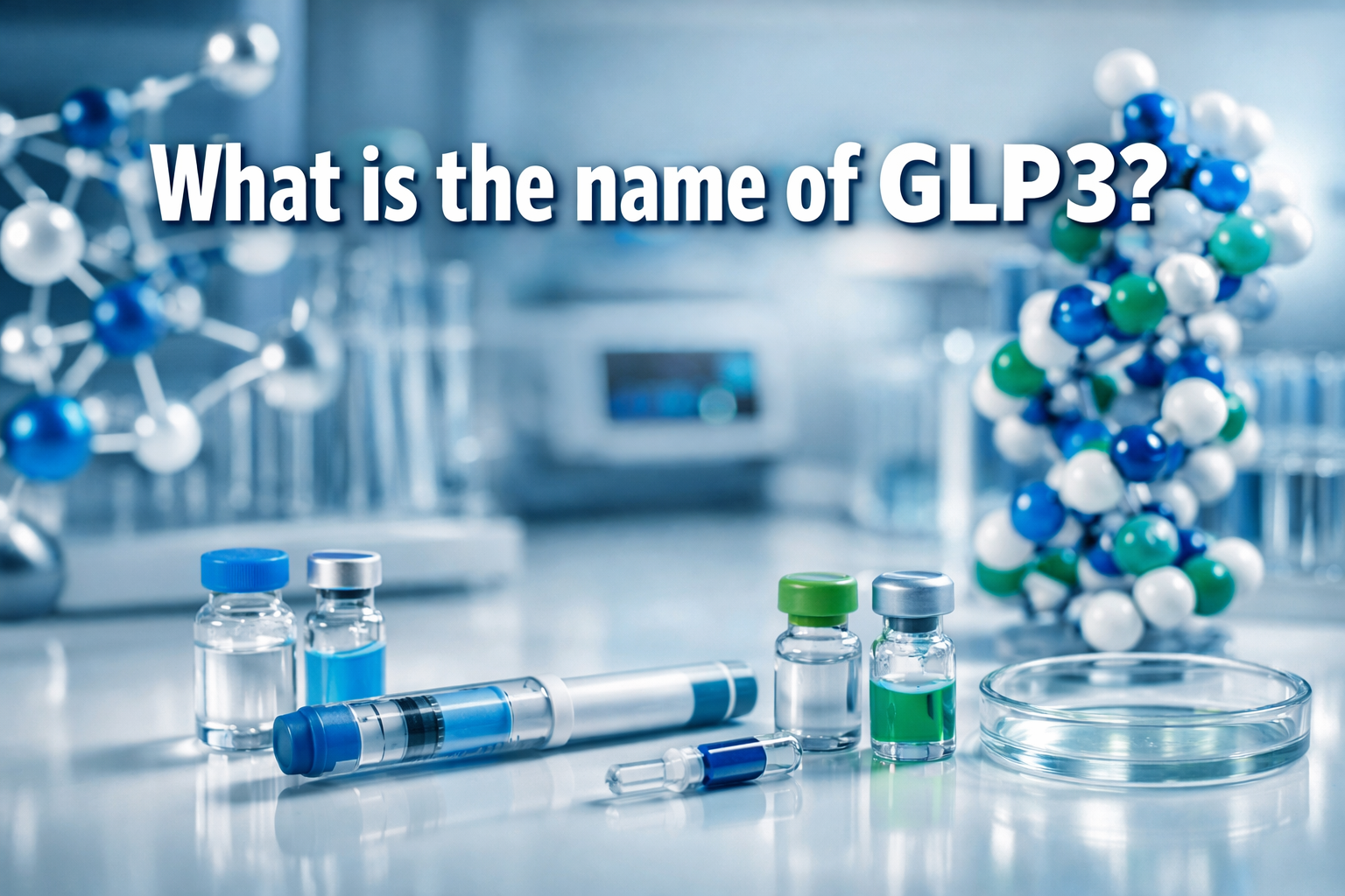 Professional landscape hero image (1536x1024) featuring bold text overlay 'What is the name of GLP3?' in extra large 72pt white sans-serif f