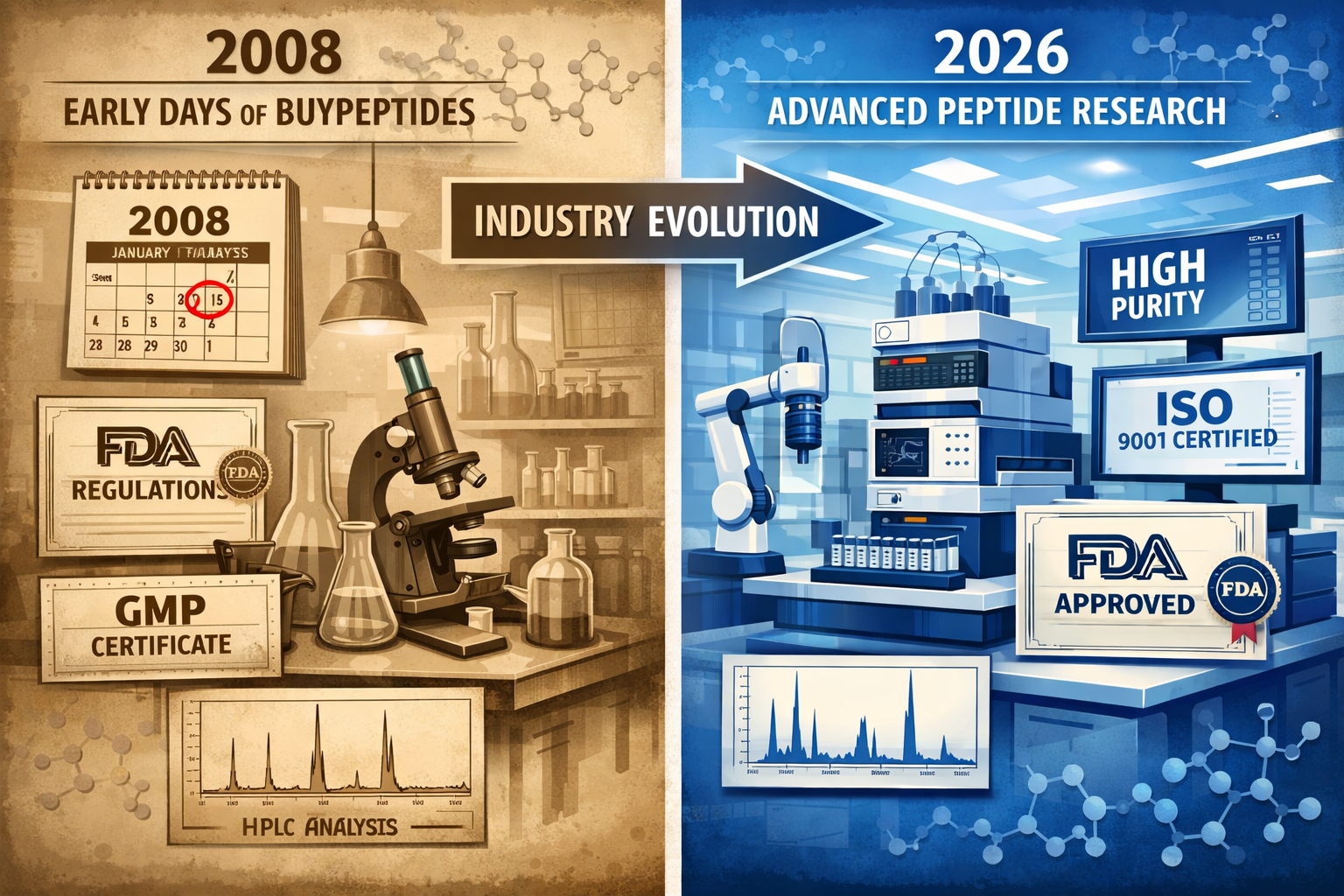 Detailed landscape editorial image (1536x1024) showing the evolution timeline of research peptide industry from 2008 to 2026, split-screen c