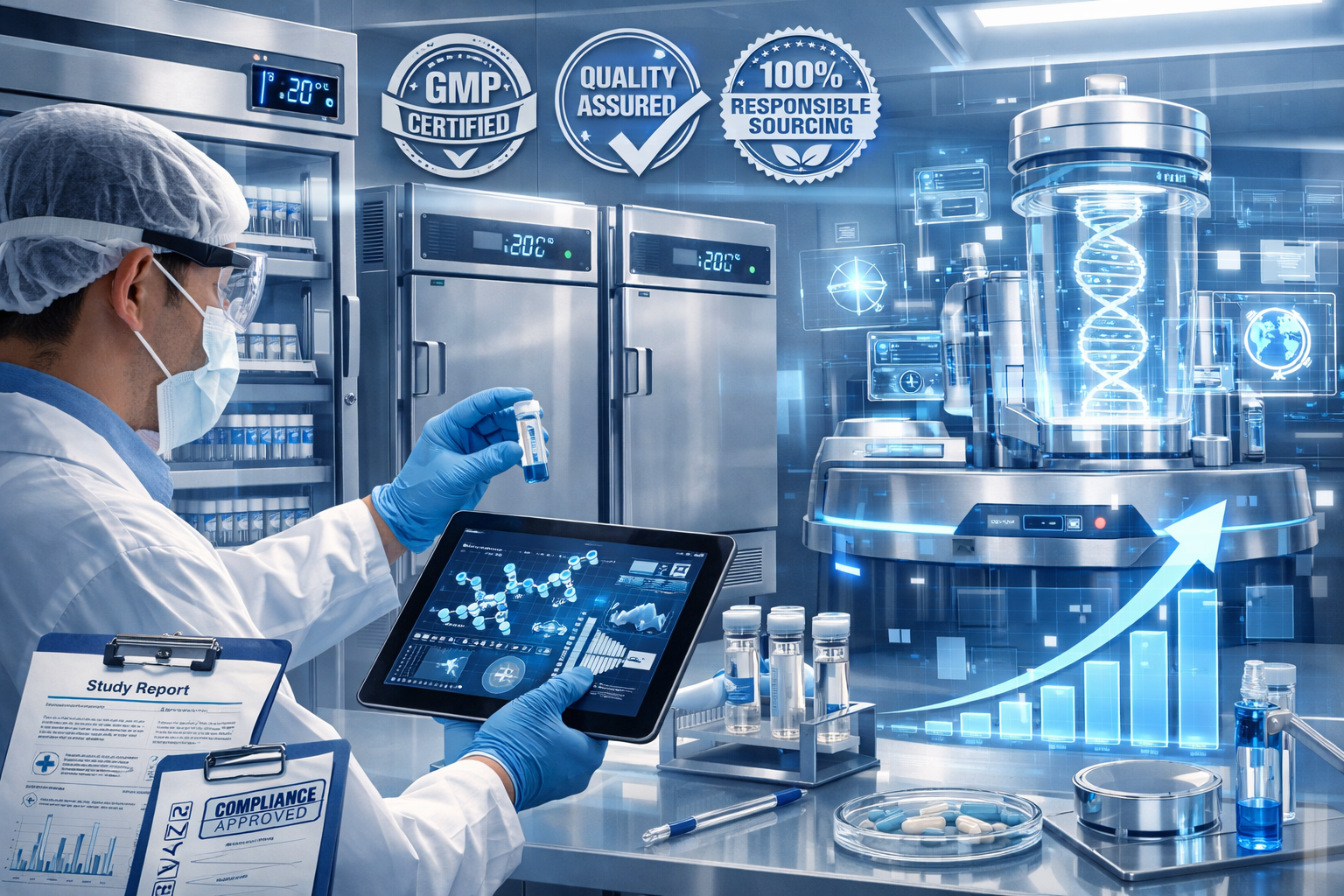 Inspiring landscape image (1536x1024) depicting the future of peptide research and responsible sourcing with modern laboratory scene. Foregr