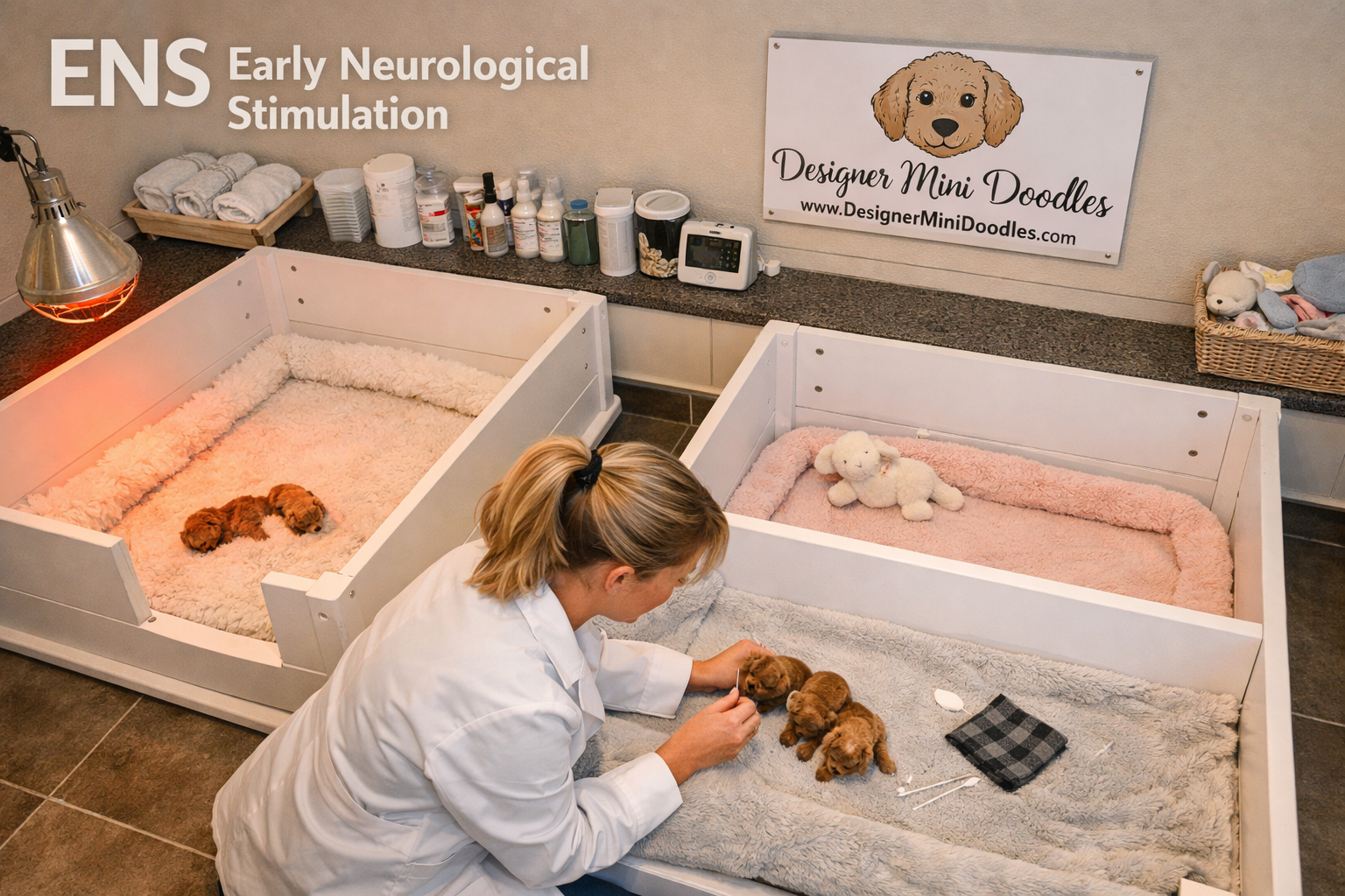 Overhead aerial-style () image of a professional whelping room with clean white whelping boxes, soft bedding, heat lamps,