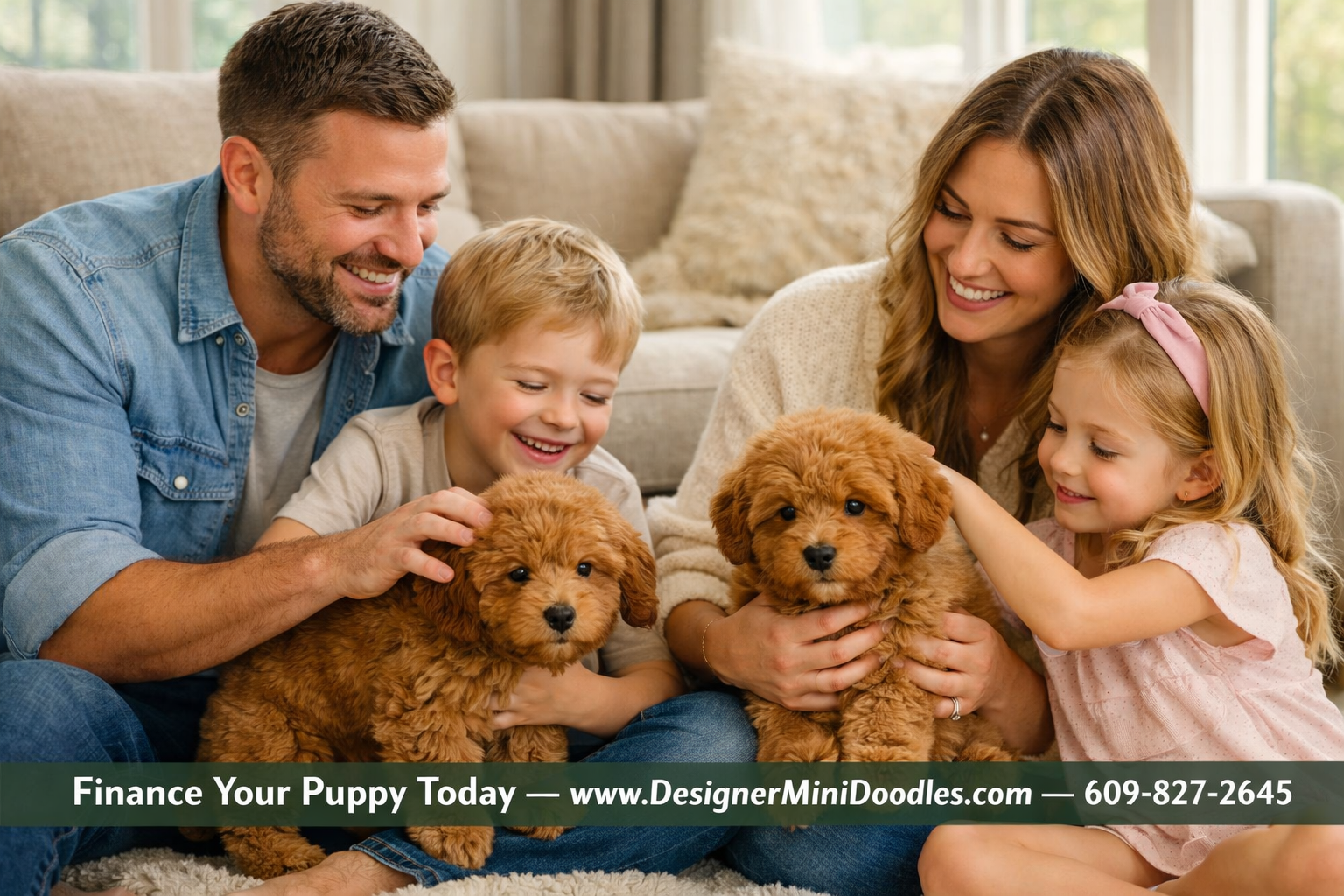 Close-up () lifestyle photo of a happy family — two parents, two young children — sitting on a living room floor playing