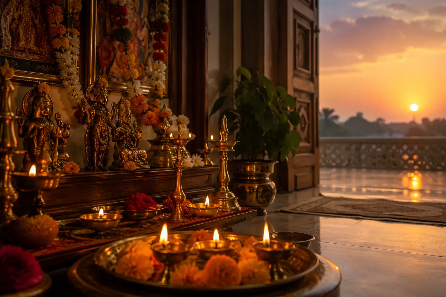 A serene and evocative () editorial photograph capturing the essence of a traditional Hindu home in 2026. The scene features