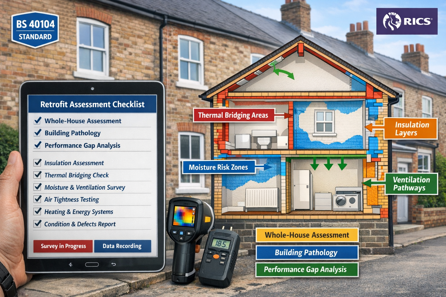 Detailed landscape format (1536x1024) image showing comprehensive retrofit assessment checklist on professional surveyor's tablet screen in