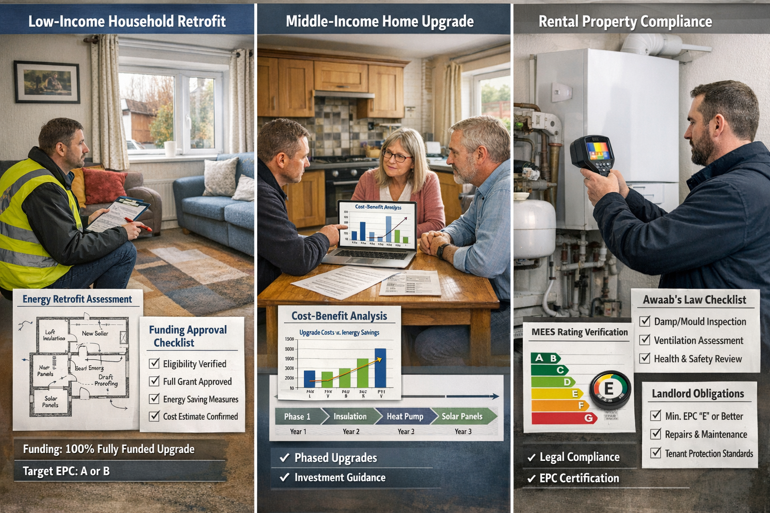 Detailed landscape format (1536x1024) image showing practical retrofit survey implementation across three UK government Warm Homes Plan pill
