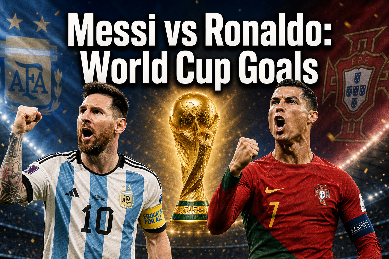 Professional () hero image featuring 'Messi vs Ronaldo: World Cup Goals' in extra large white with dark , centered in upper