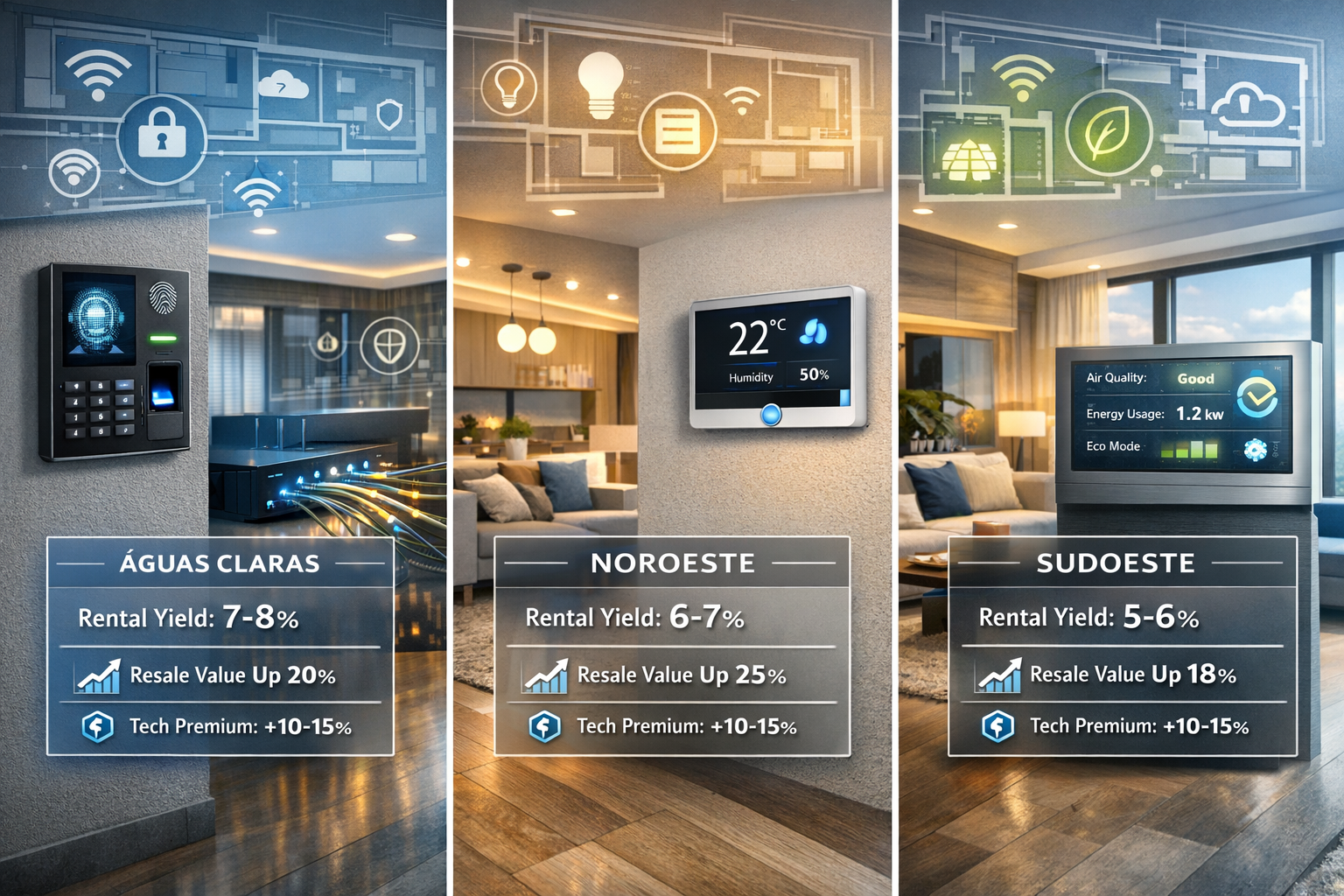 Detailed landscape format (1536x1024) image showing modern smart home technology integration in Brasília apartments: sleek contemporary apar