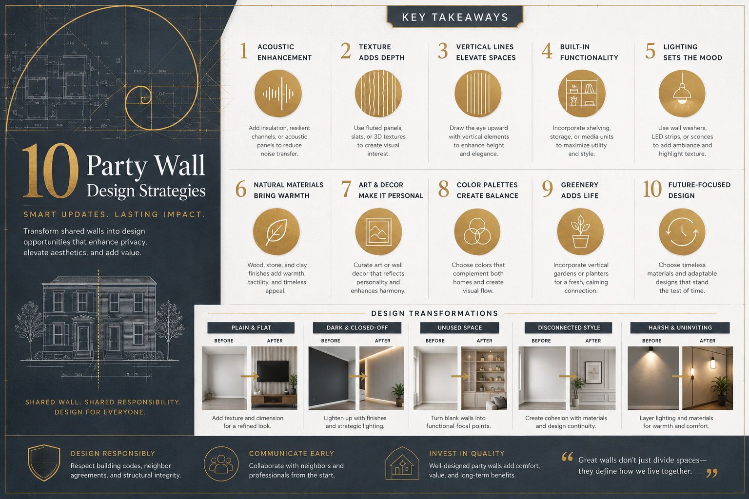 Key Takeaways infographic visualizing party wall design strategies, featuring a minimalist architectural blueprint