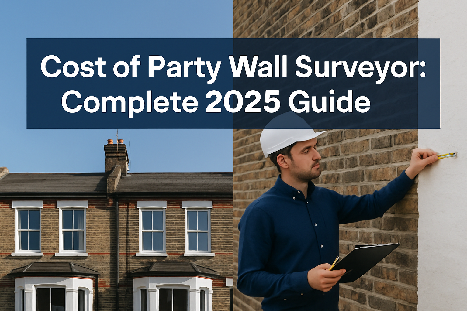 Professional landscape hero image (1536x1024) featuring bold text overlay 'Cost of Party Wall Surveyor: Complete 2025 Guide' in extra large 