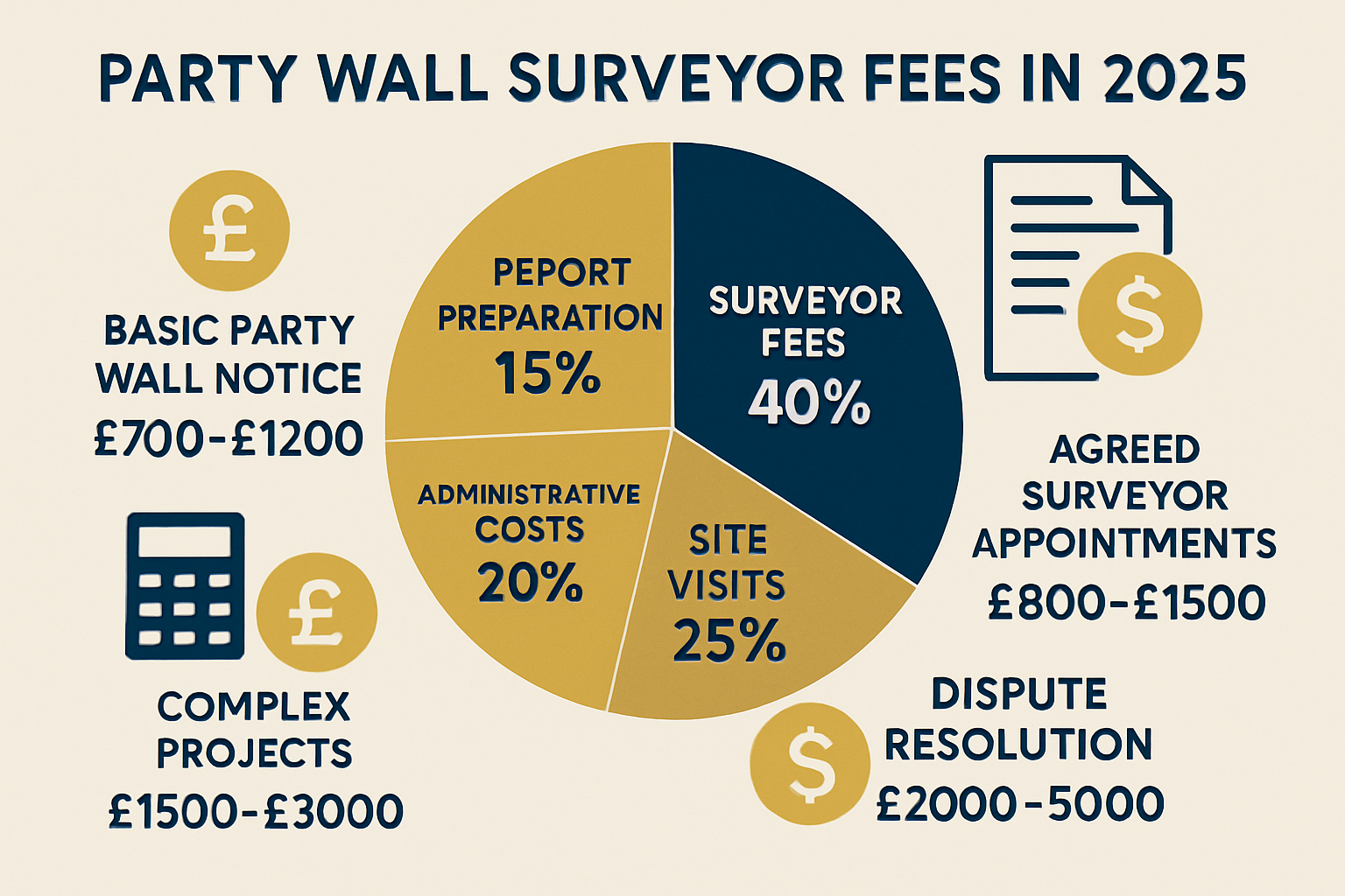 Detailed landscape infographic (1536x1024) showing comprehensive cost breakdown of party wall surveyor fees in 2025. Central pie chart displ