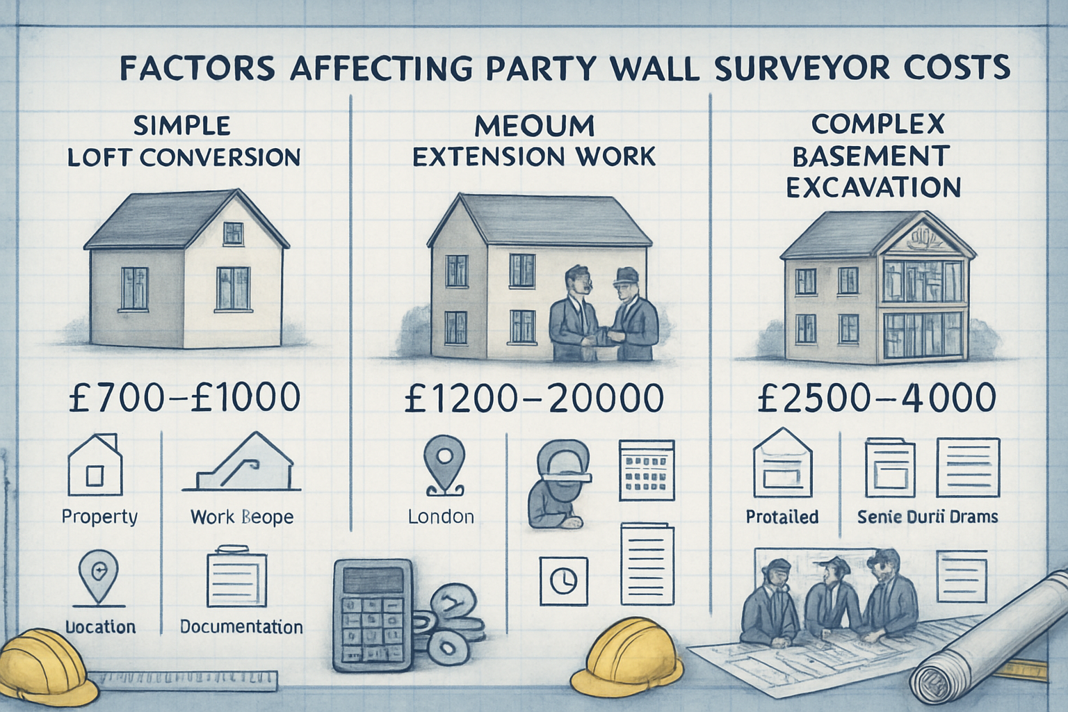 Detailed landscape comparison illustration (1536x1024) showing factors affecting party wall surveyor costs. Split into three columns represe