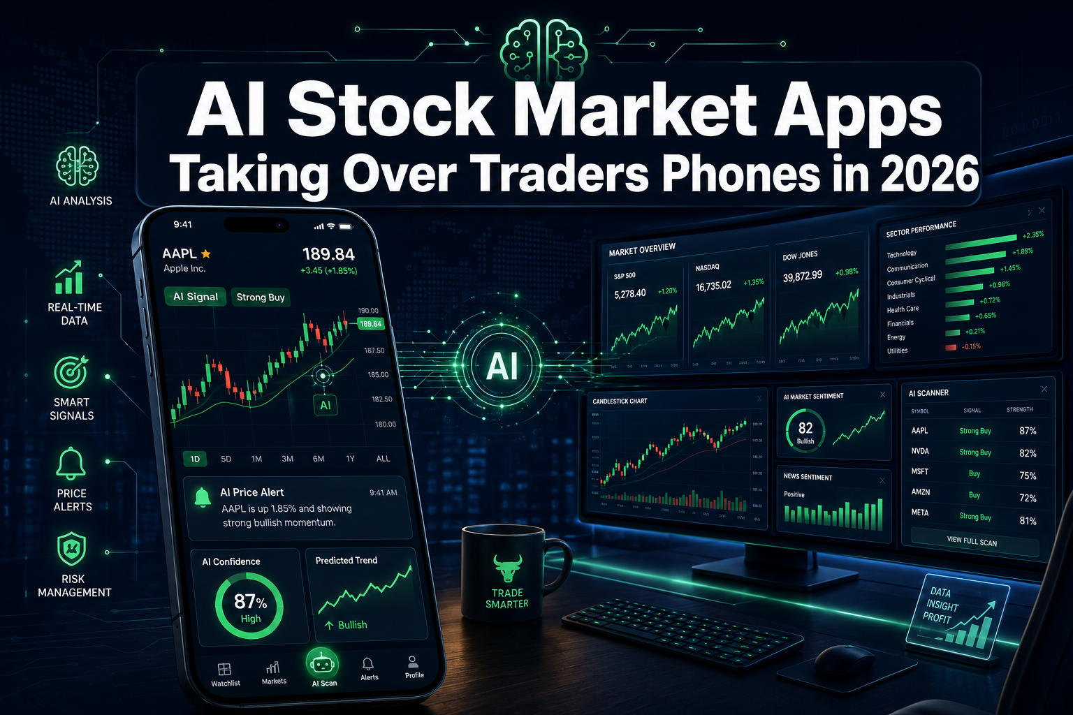 Professional () hero image with 'AI Stock Market Apps Taking Over Traders Phones in 2026' in extra large white with dark