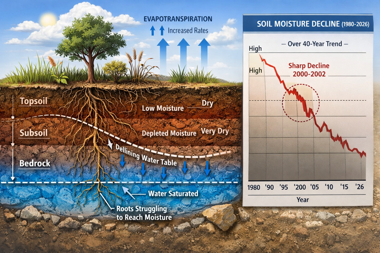 () detailed illustration showing cross-section view of terrestrial ecosystem soil profile with visible moisture gradients.
