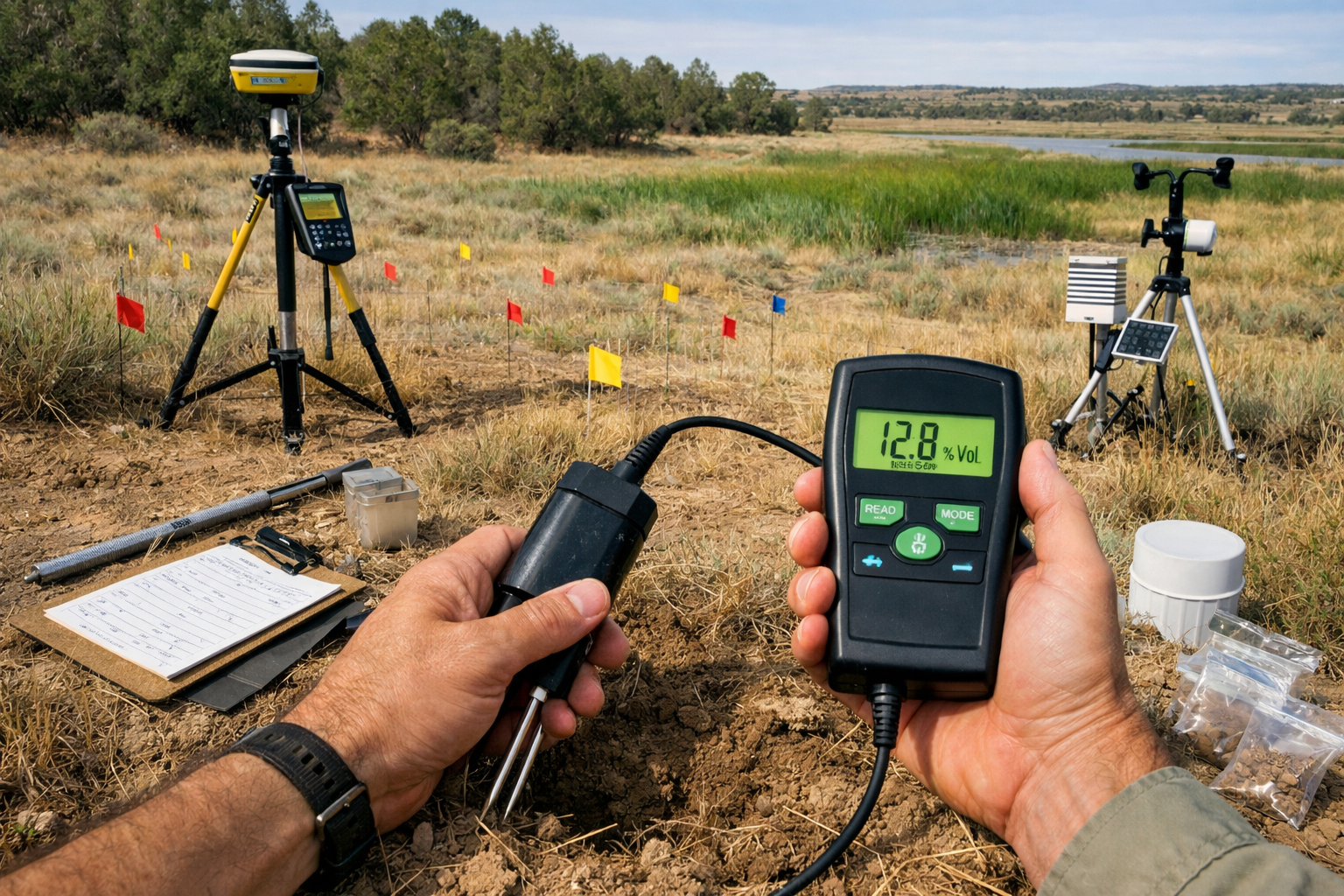 () field documentation scene showing professional ecologist conducting soil moisture survey in semi-arid grassland
