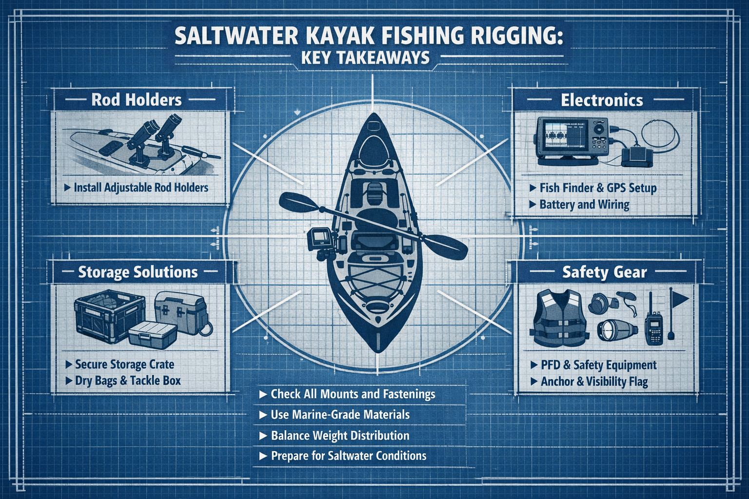 Infographic-style key takeaways for saltwater kayak fishing rigging, featuring a central kayak silhouette with radiating icons representing 