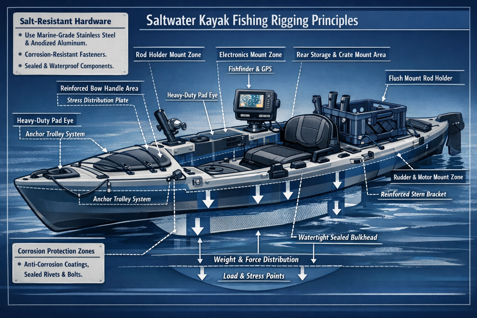 Technical illustration depicting fundamental saltwater kayak fishing rigging principles, showing cross-sectional view of a kayak with annota