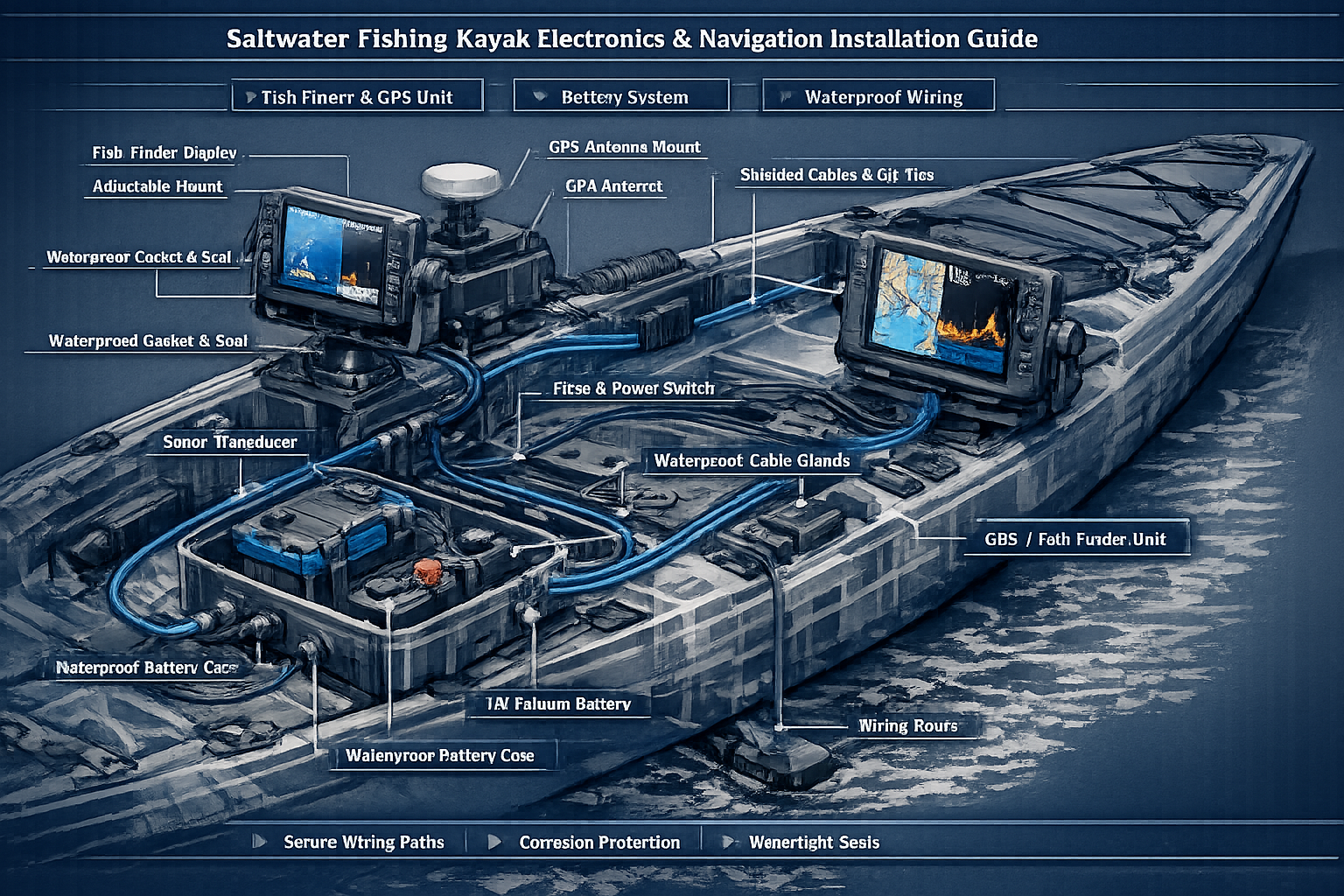 Advanced electronics and navigation systems installation guide for saltwater fishing kayaks, featuring a detailed cutaway view showing preci