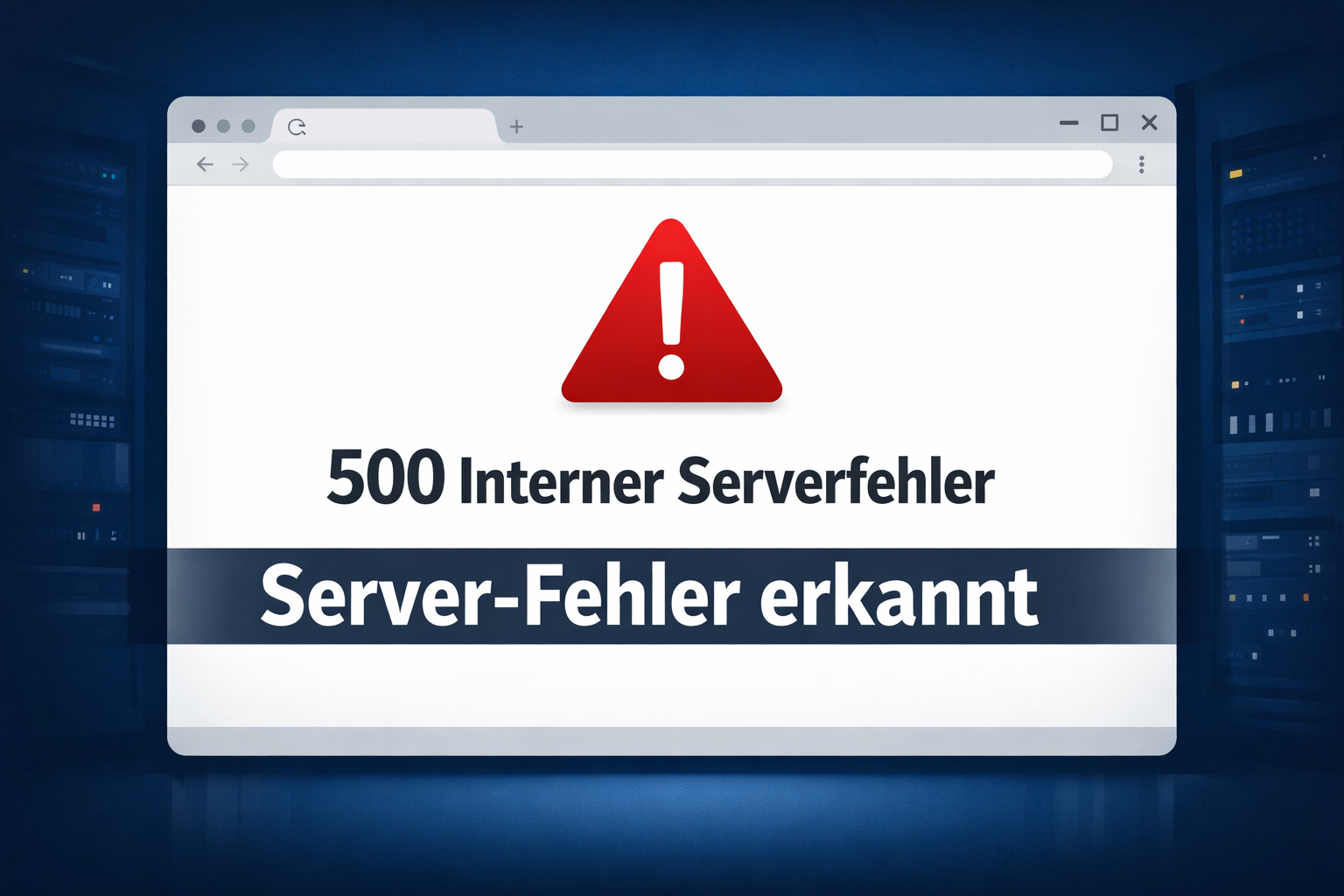 () illustration showing a browser window with a stark white '500 Internal Server Error' message on screen, red warning