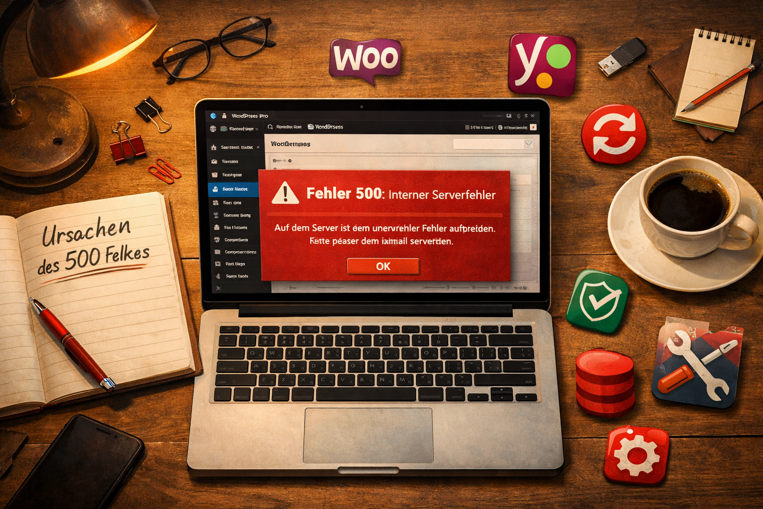 () top-down flat-lay of a developer's desk with laptop showing WordPress admin panel with error , notebook with handwritten