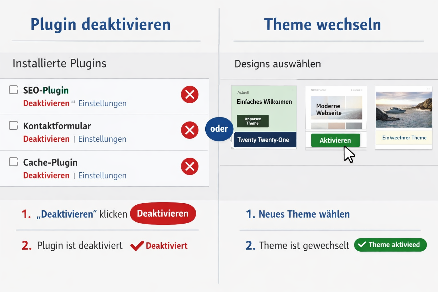 () split-screen infographic showing left side 'Plugin deaktivieren' with WordPress plugin list and red X marks, right side