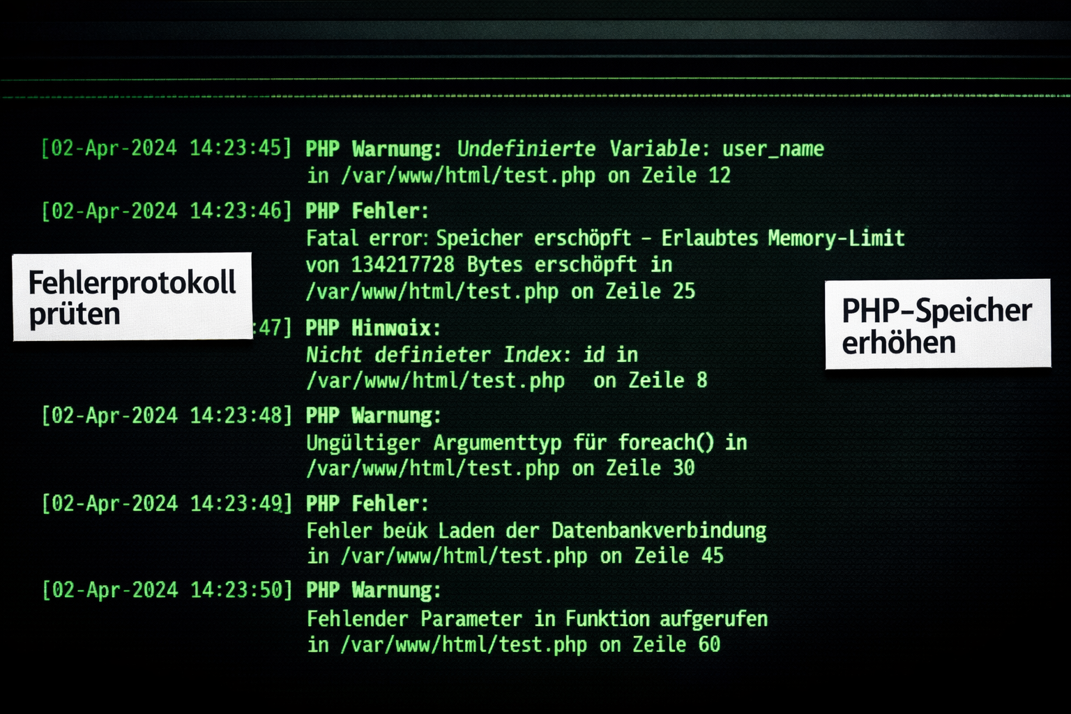 () close-up of a terminal/SSH command line interface on dark screen showing PHP error log lines, green text on black