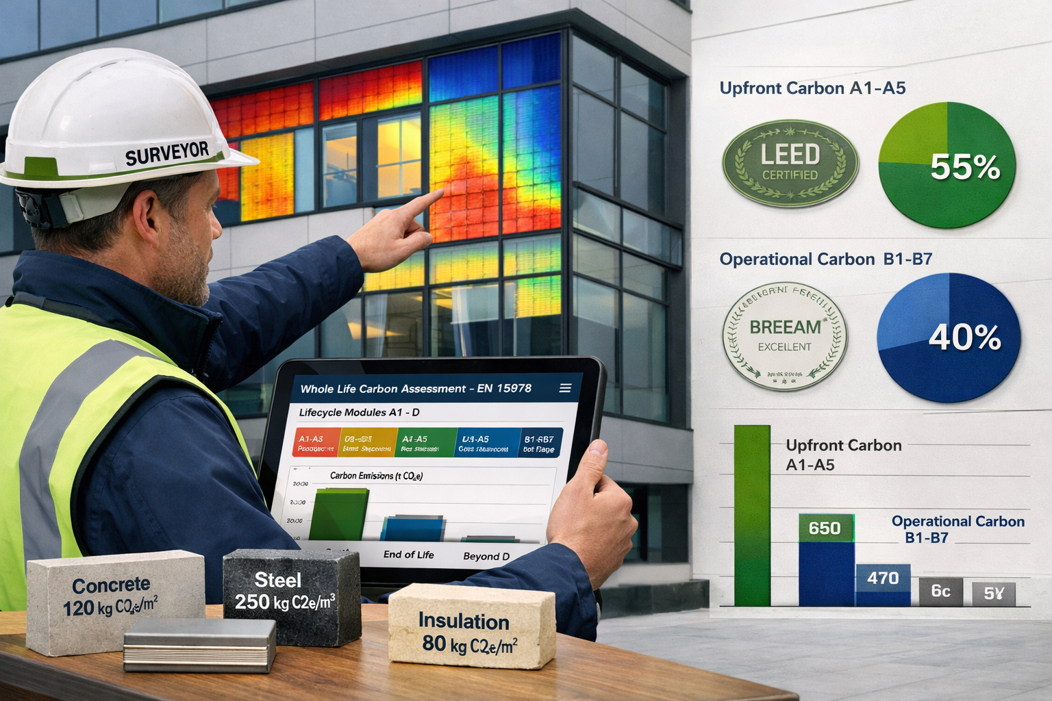 Detailed () image showing professional chartered surveyor conducting building assessment with digital tablet displaying