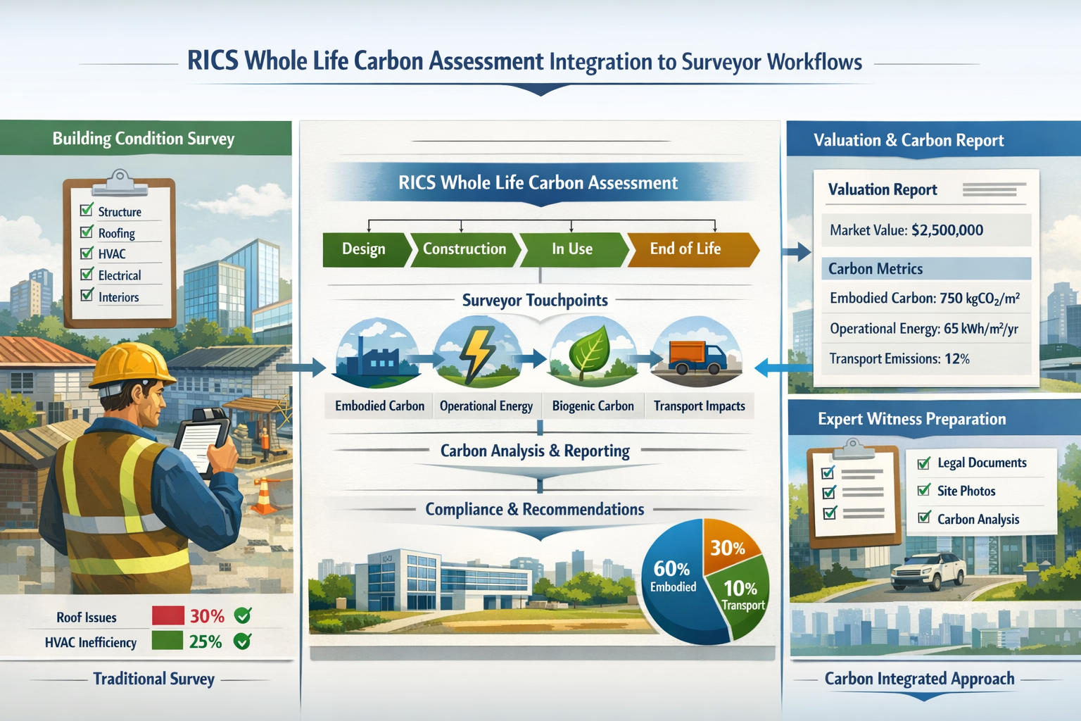 Comprehensive () infographic illustration demonstrating RICS whole life carbon assessment framework integration into