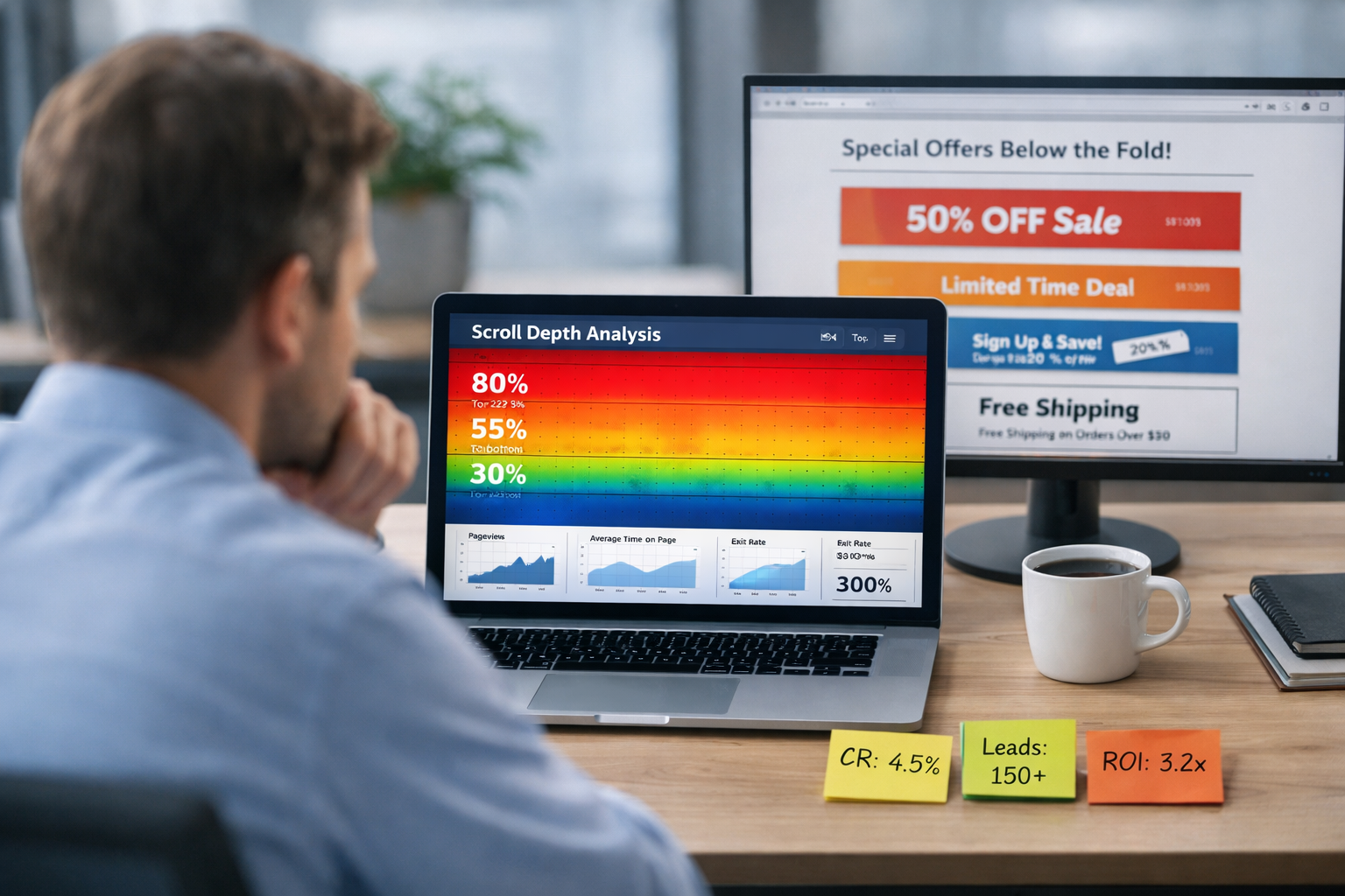 Wide landscape editorial photograph (1536x1024) showing a modern business owner sitting at a clean desk with laptop displaying website analy