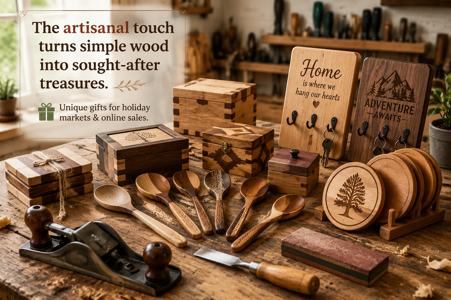 Detailed () image illustrating a diverse collection of small, handcrafted wooden items arranged appealingly on a polished