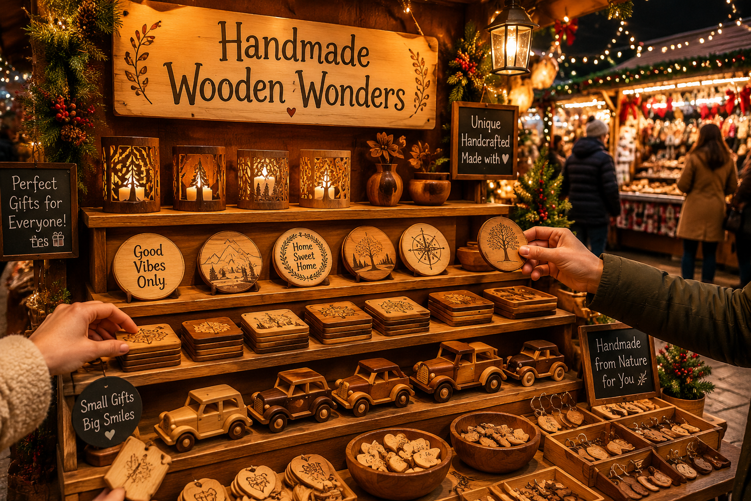 Detailed () image featuring a vibrant, bustling holiday craft market stall laden with a variety of unique wooden gifts. The