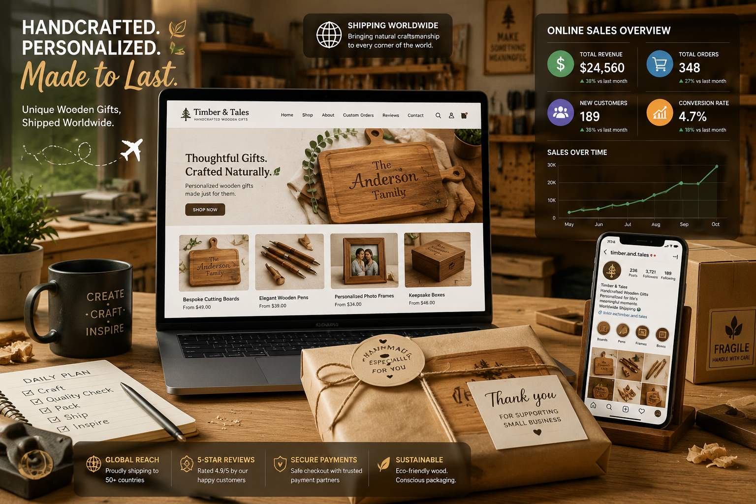 Detailed () image demonstrating the digital sales aspect of unique wooden gifts. A laptop screen prominently displays an