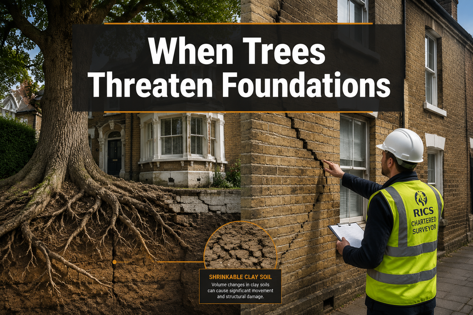 Professional () hero image with : 'When Trees Threaten Foundations' in extra large white with dark semi-transparent box,