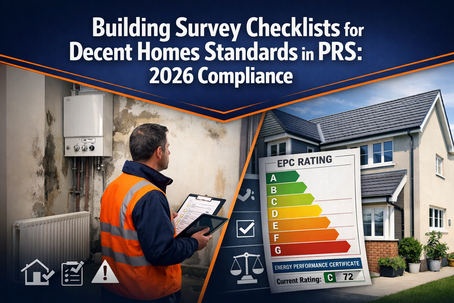 Professional () editorial featuring white 'Building Survey Checklists for Decent Homes Standards in PRS: 2026 Compliance' in