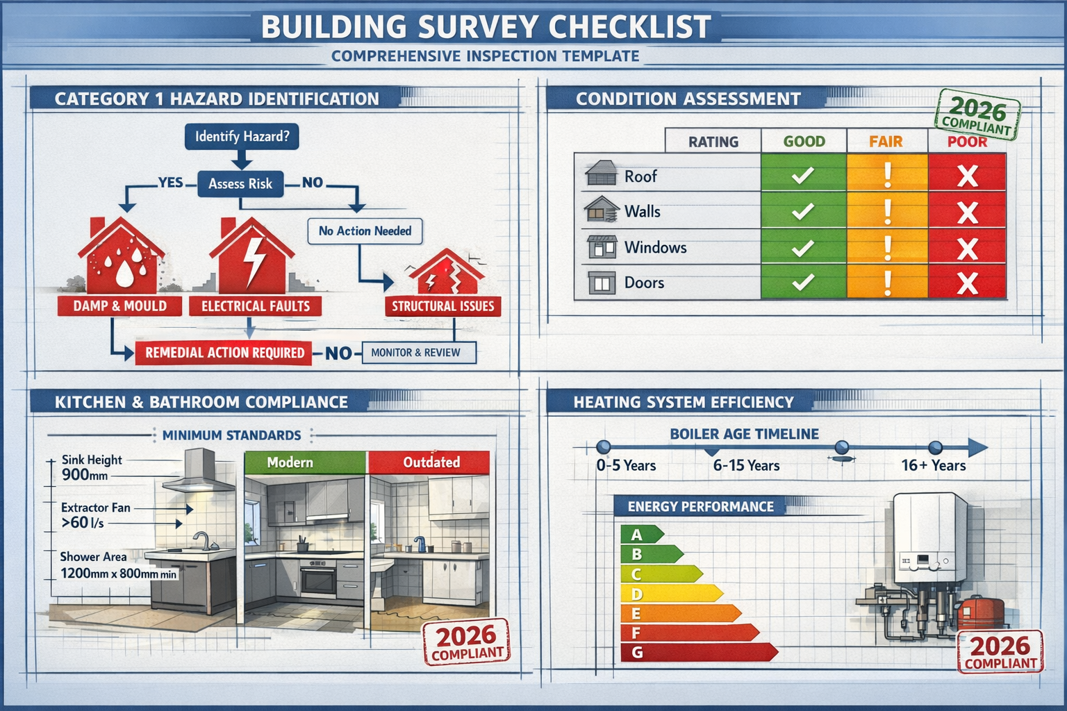 Detailed () infographic showing comprehensive building survey checklist template with four distinct quadrants: top-left
